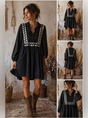Momoní Antonia Black Embroidered Mini Dress Boho Chic Bell Sleeve Flared Cotton